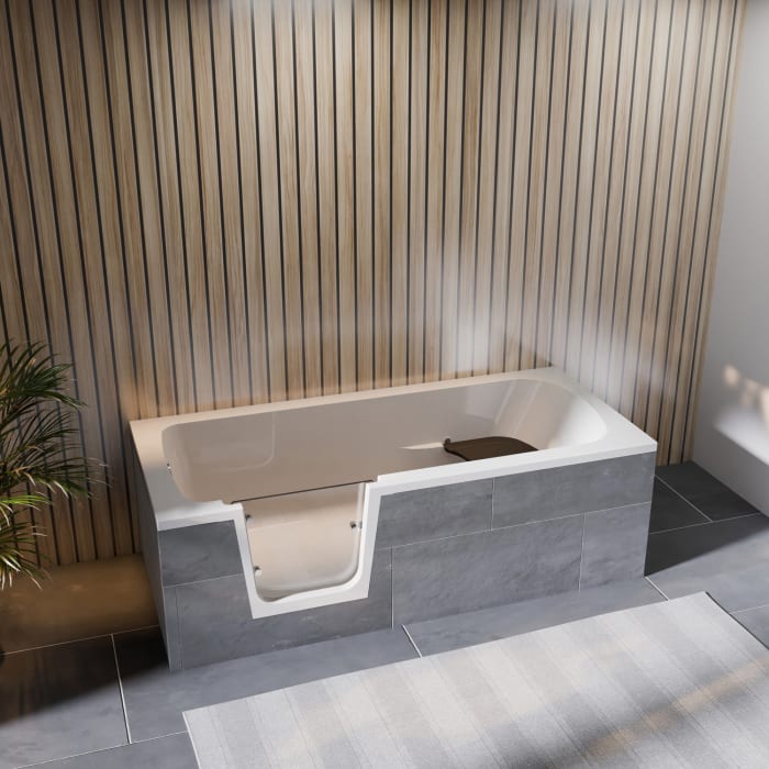 Steinkamp easy entry Badewanne 160 x 75 cm mit Glastür links, Trio Ablauf und Styrodurverkleidung