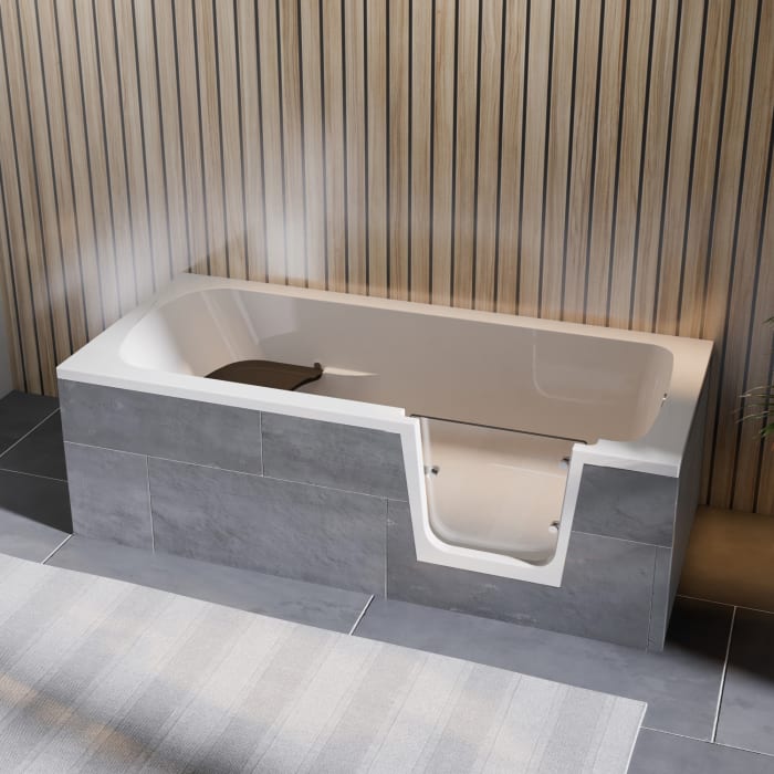 Steinkamp easy entry Badewanne 160 x 75 cm mit Glastür rechts, Trio Ablauf und Styrodurverkleidung