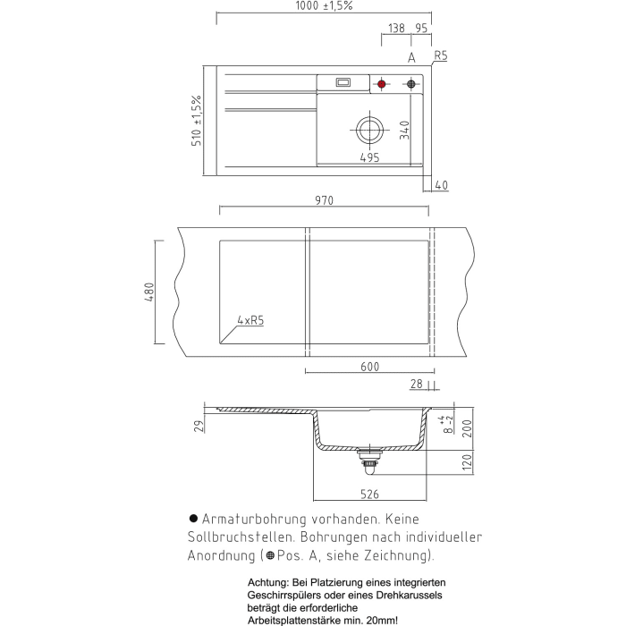 Systemceram Keradomo Bela 100 Einbauspüle rechts mit Excenterbetätigung, inkl. Armaturbohrung