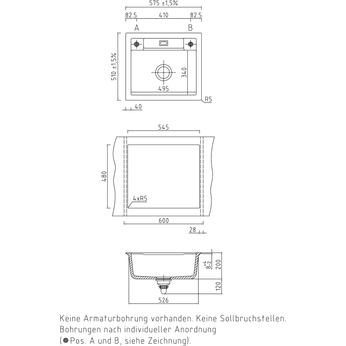 Systemceram Keradomo Bela 57 Einbauspüle mit Handbetätigung, ohne Hahnlochbohrung