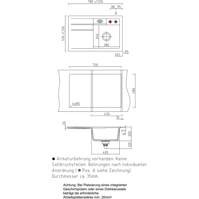 Systemceram Keradomo Bela 78 Einbauspüle rechts mit Handbetätigung, inkl. Armaturbohrung