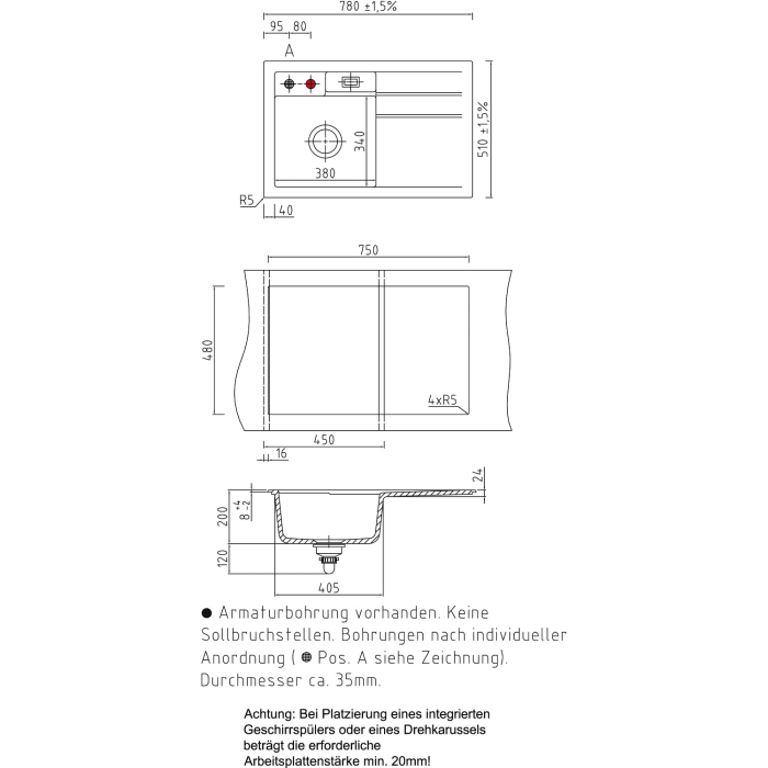 Systemceram Keradomo Bela 78 Einbauspüle links mit Excenterbetätigung, inkl. Armaturbohrung