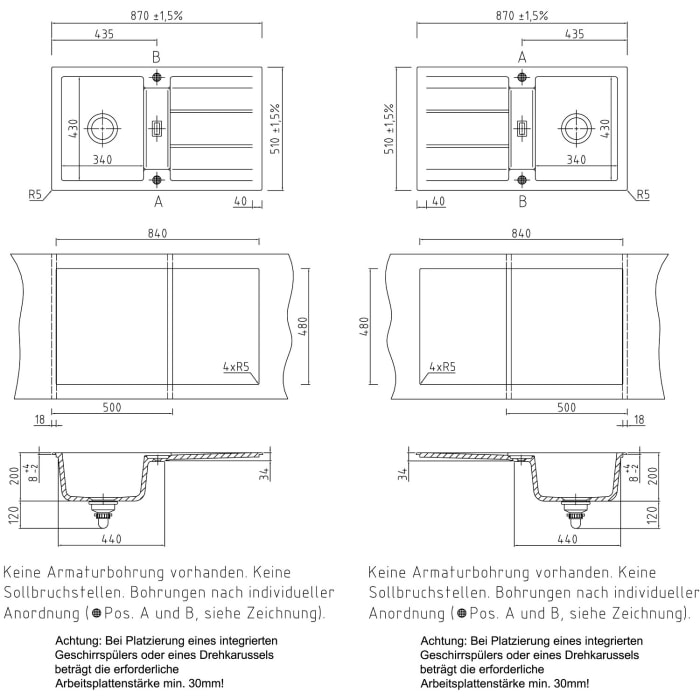 Systemceram Keradomo Genea 87 Einbauspüle reversibel mit Handbetätigung, ohne Hahnlochbohrung