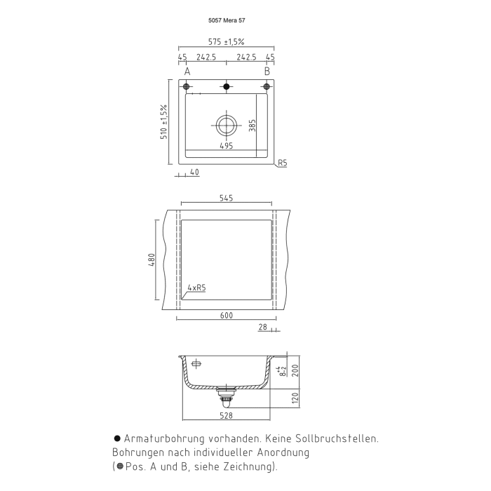 Systemceram Keradomo Mera 57 Einbauspüle mit Handbetätigung, mit Hahnlochbohrung