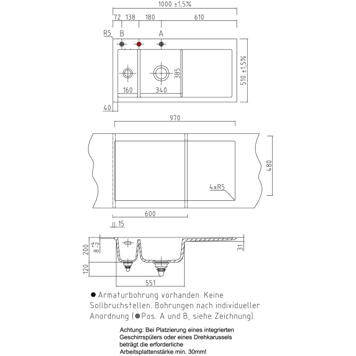 Systemceram Keradomo Mera 100 Einbauspüle links mit Excenterbetätigung, inkl. Armaturbohrung