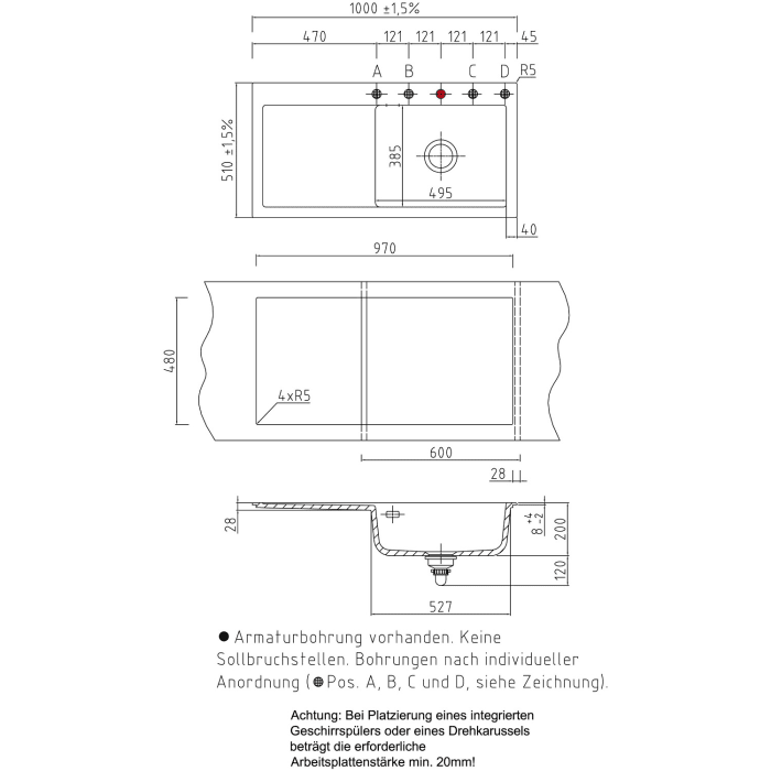 Systemceram Keradomo Mera 100 SL Einbauspüle rechts mit Excenterbetätigung, inkl. Armaturbohrung