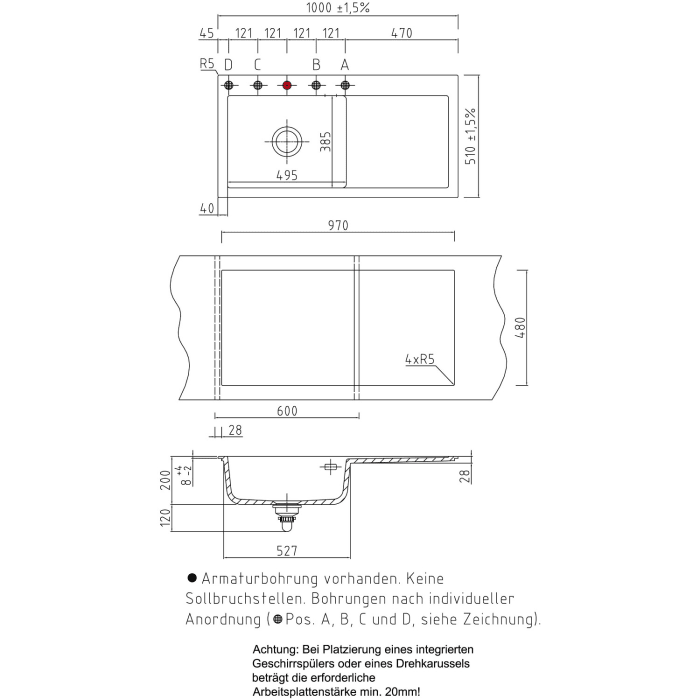 Systemceram Keradomo Mera 100 SL Einbauspüle links mit Excenterbetätigung, inkl. Armaturbohrung