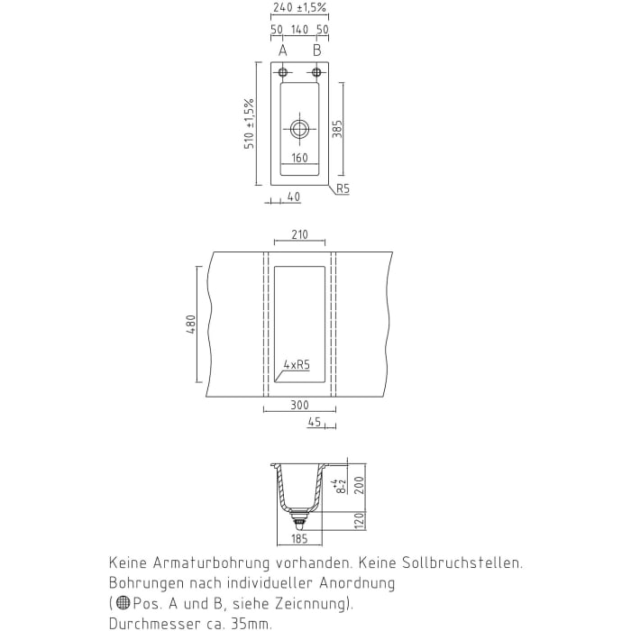 Systemceram Keradomo Mera 24 Einbauspüle mit Handbetätigung, ohne Hahnlochbohrung