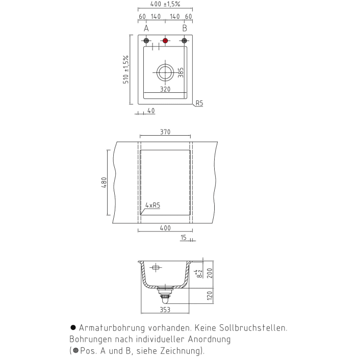 Systemceram Keradomo Mera 39 Einbauspüle mit Handbetätigung, inkl. Armaturbohrung