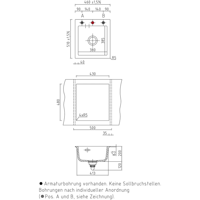 Systemceram Keradomo Mera 46 Einbauspüle mit Excenterbetätigung, inkl. Armaturbohrung
