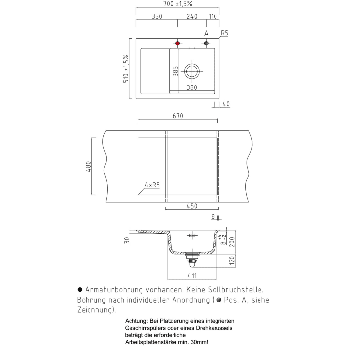 Systemceram Keradomo Mera 70 Einbauspüle rechts mit Handbetätigung, inkl. Armaturbohrung