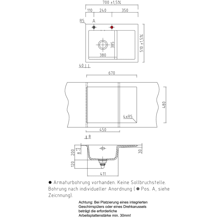 Systemceram Keradomo Mera 70 Einbauspüle links mit Excenterbetätigung, inkl. Armaturbohrung