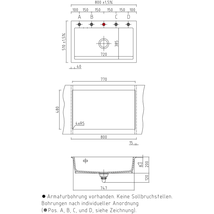 Systemceram Keradomo Mera 80 Einbauspüle mit Handbetätigung, inkl. Armaturbohrung