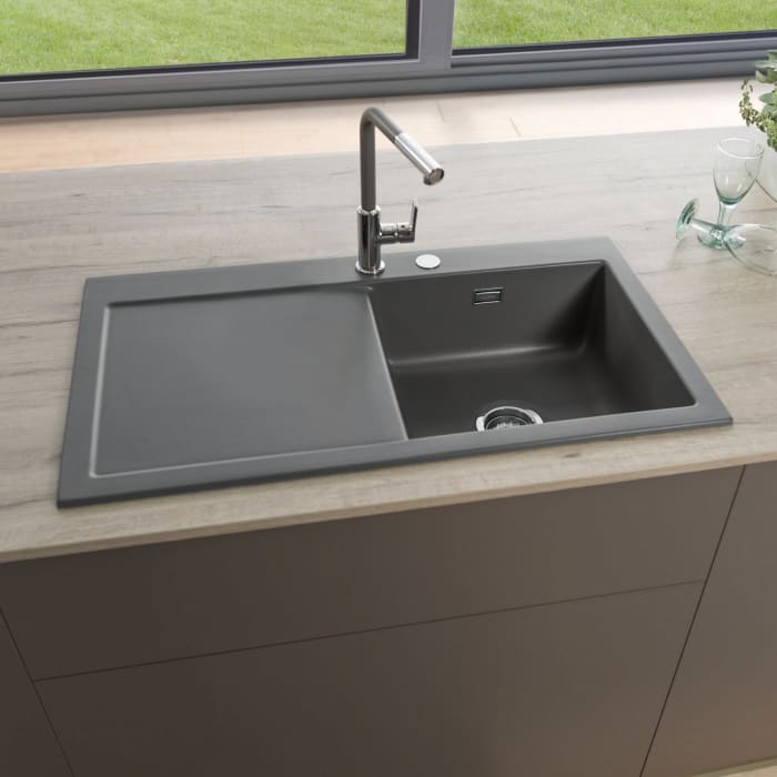 Systemceram Keradomo Mera 90 Einbauspüle rechts mit Excenterbetätigung, inkl. Armaturbohrung