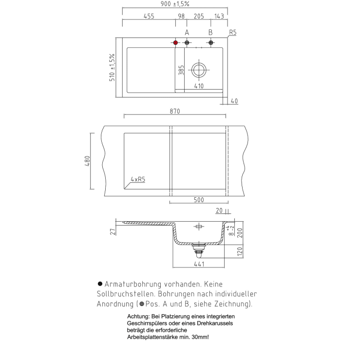 Systemceram Keradomo Mera 90 Einbauspüle rechts mit Handbetätigung, inkl. Armaturbohrung