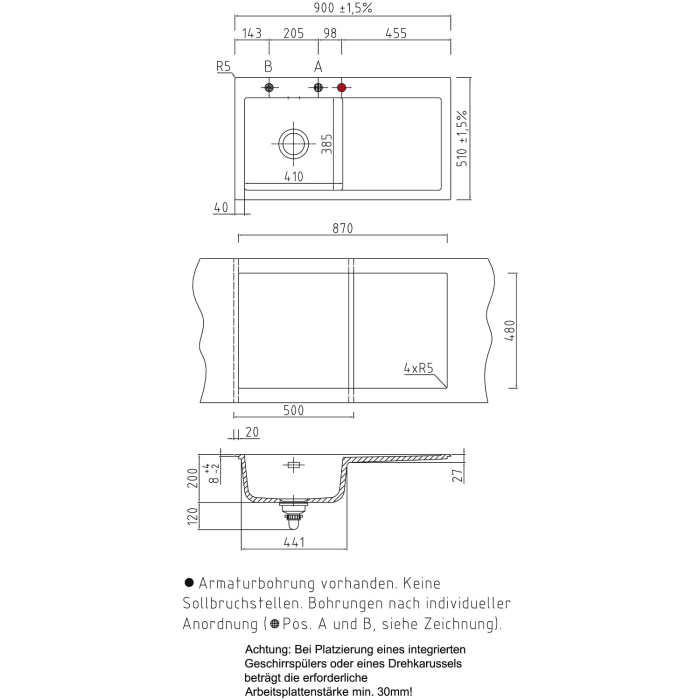 Systemceram Keradomo Mera 90 Einbauspüle links mit Handbetätigung, inkl. Armaturbohrung