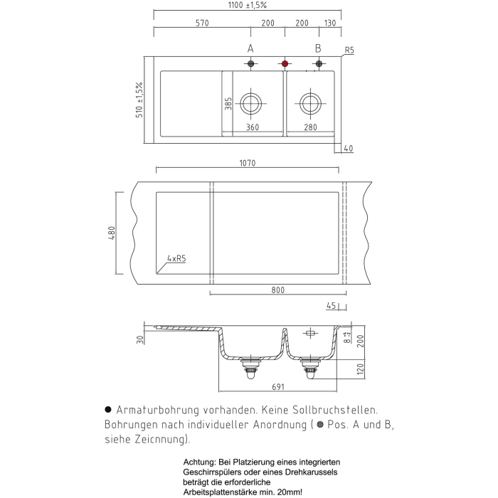 Systemceram Keradomo Mera Double Einbauspüle rechts mit Handbetätigung, inkl. Armaturbohrung