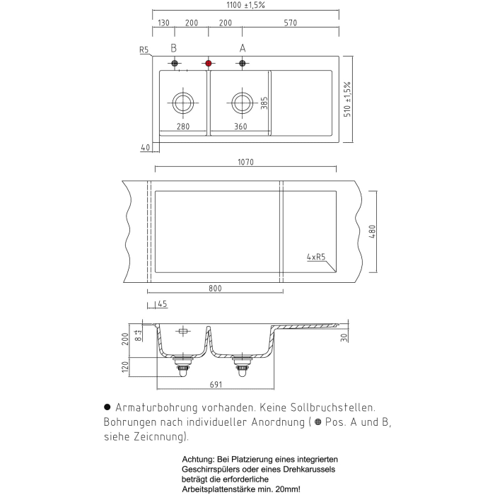 Systemceram Keradomo Mera Double Einbauspüle links mit Handbetätigung, inkl. Armaturbohrung