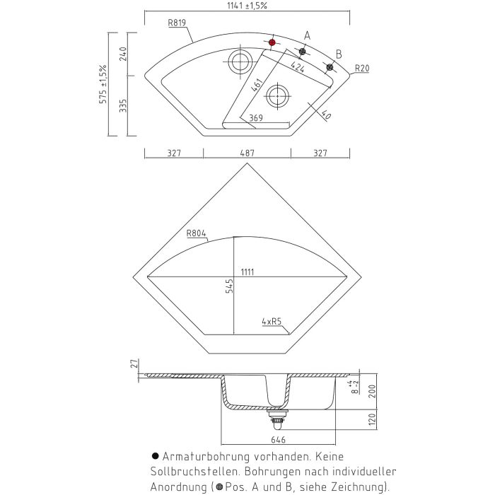 Systemceram Keradomo Mera Eck Einbauspüle mit Handbetätigung, inkl. Armaturbohrung