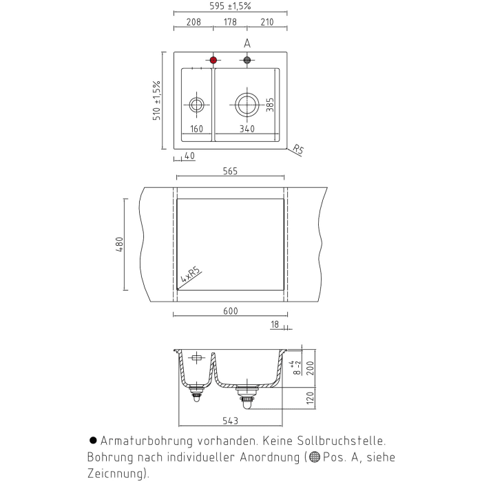 Systemceram Keradomo Mera 60 Einbauspüle mit Handbetätigung, inkl. Armaturbohrung