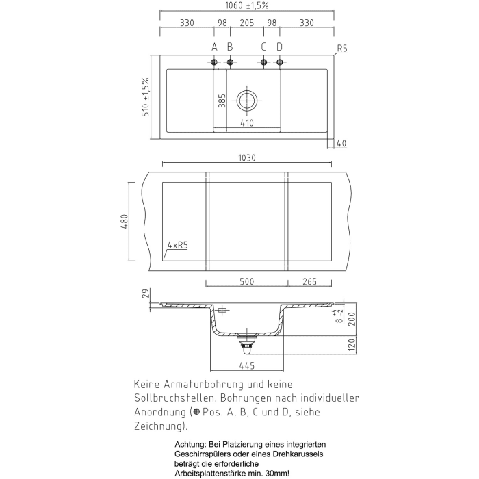 Systemceram Keradomo Mera Middle Einbauspüle mit Handbetätigung, ohne Hahnlochbohrung