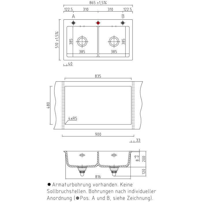 Systemceram Keradomo Mera Twin Einbauspüle mit Excenterbetätigung, inkl. Armaturbohrung