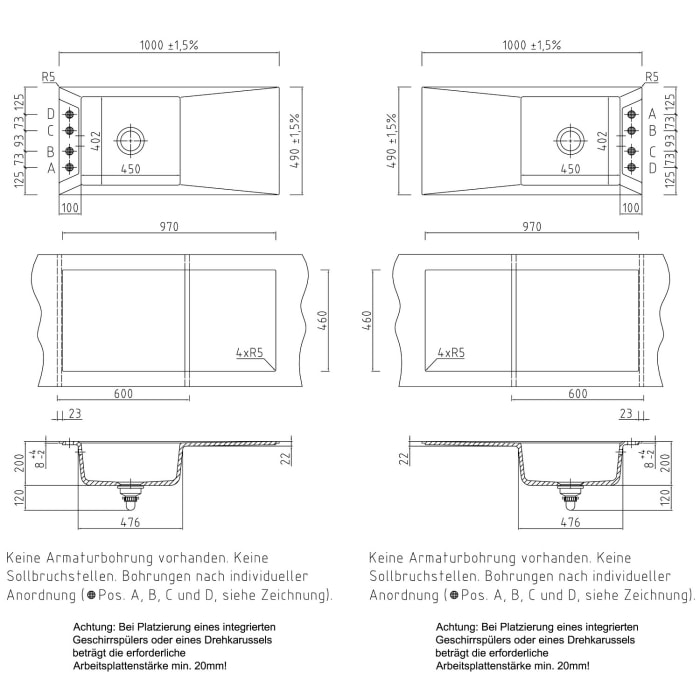 Systemceram Keradomo Siro 100 Einbauspüle reversibel mit Excenterbetätigung, ohne Hahnlochbohrung