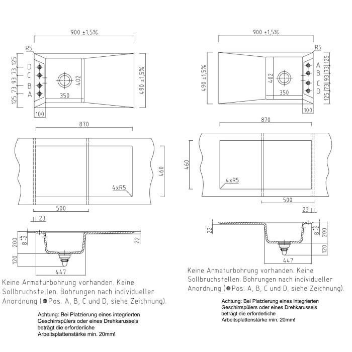 Systemceram Keradomo Siro 90 Einbauspüle mit Excenterbetätigung, ohne Hahnlochbohrung