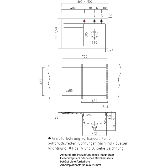 Systemceram Keradomo Stema 80 Einbauspüle rechts mit Excenterbetätigung, inkl. Armaturbohrung