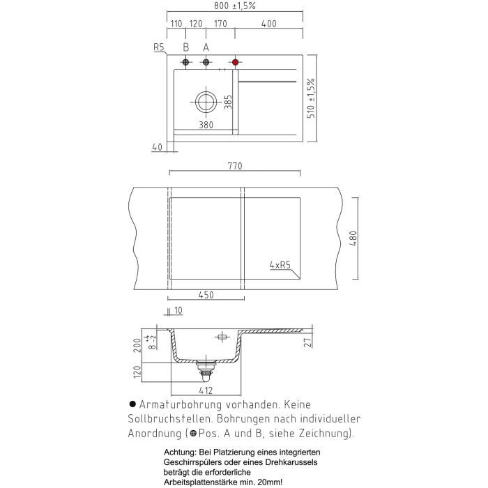 Systemceram Keradomo Stema 80 Einbauspüle links mit Handbetätigung, inkl. Armaturbohrung