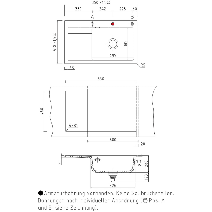 Systemceram Keradomo Stema 86 SL Einbauspüle rechts mit Excenterbetätigung, inkl. Armaturbohrung