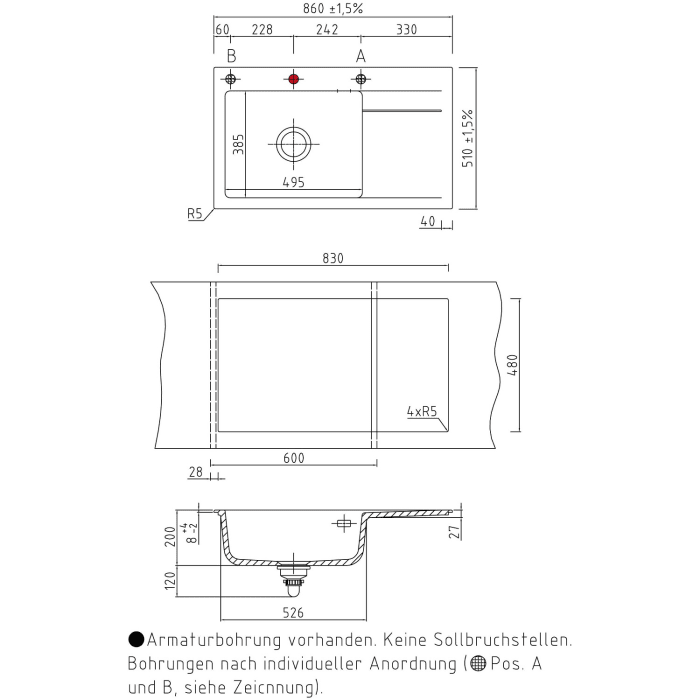 Systemceram Keradomo Stema 86 SL Einbauspüle links mit Handbetätigung, inkl. Armaturbohrung
