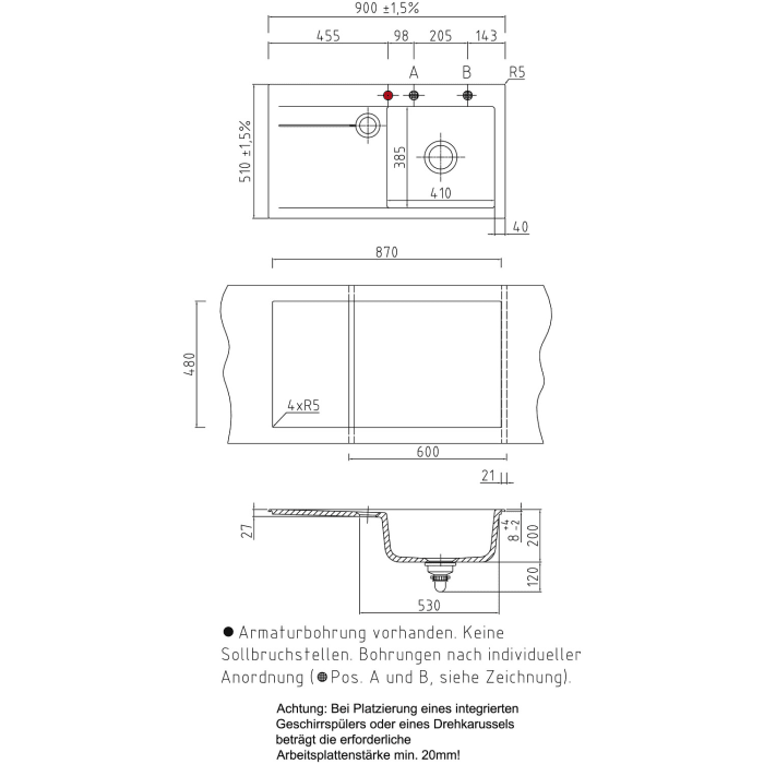 Systemceram Keradomo Stema 90 Einbauspüle rechts mit Excenterbetätigung, inkl. Armaturbohrung