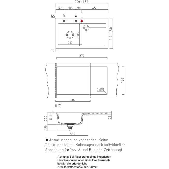 Systemceram Keradomo Stema 90 Einbauspüle links mit Excenterbetätigung, inkl. Armaturbohrung