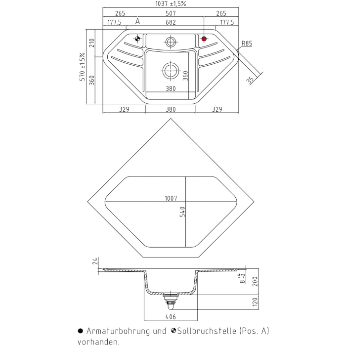 Systemceram Keradomo Vega Eck Einbauspüle mit Excenterbetätigung , inkl. Armaturbohrung