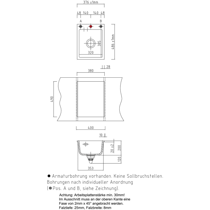 Systemceram Keradomo Mera 39 F Spüle für flächenbündigen Einbau mit Handbetätigung, inkl. Armaturbohrung