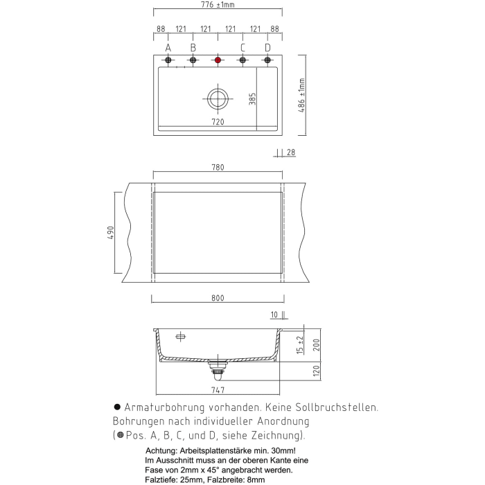 Systemceram Keradomo Mera 80 F Spüle für flächenbündigen Einbau mit Handbetätigung, inkl. Armaturbohrung