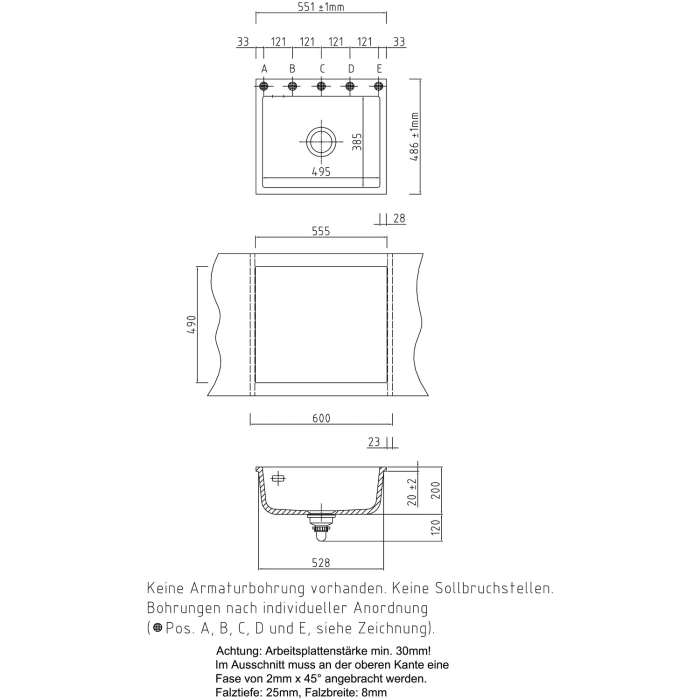 Systemceram Keradomo Mera 57 F Spüle für flächenbündigen Einbau mit Excenterbetätigung, ohne Hahnlochbohrung