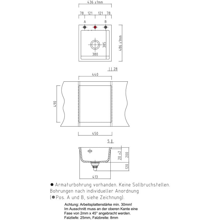 Systemceram Keradomo Mera 46 F Spüle für flächenbündigen Einbau mit Handbetätigung, inkl. Armaturbohrung