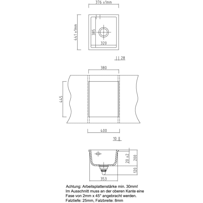 Systemceram Keradomo Mera 39 F/o Spüle für flächenbündigen Einbau mit Handbetätigung, ohne Hahnlochbohrung