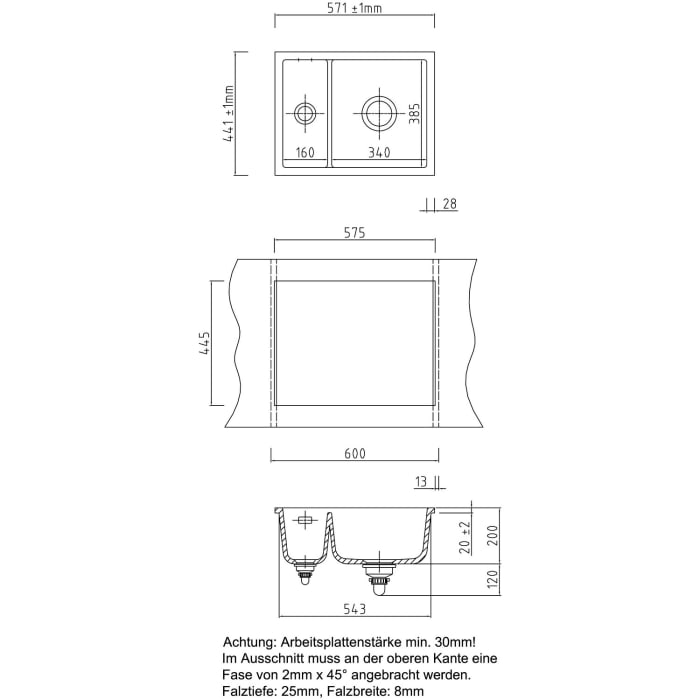 Systemceram Keradomo Mera 60 F/o Spüle für flächenbündigen Einbau mit Excenterbetätigung, ohne Hahnlochbohrung