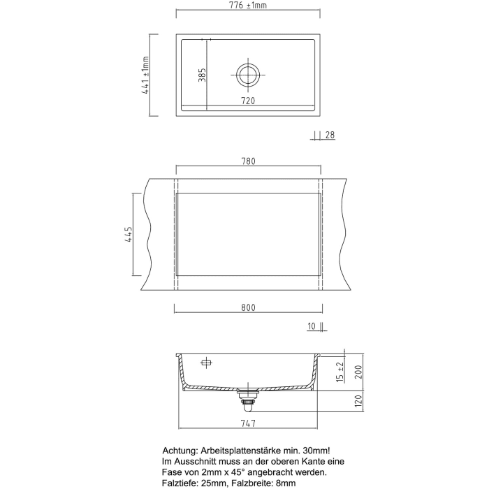 Systemceram Keradomo Mera 80 F/o Spüle für flächenbündigen Einbau mit Excenterbetätigung, ohne Hahnlochbohrung