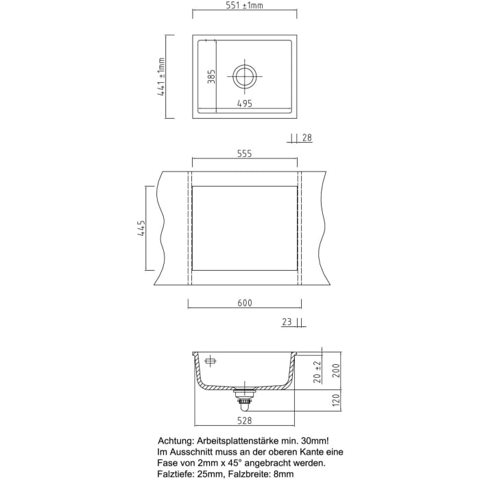 Systemceram Keradomo Mera 57 F/o Spüle für flächenbündigen Einbau mit Excenterbetätigung, ohne Hahnlochbohrung