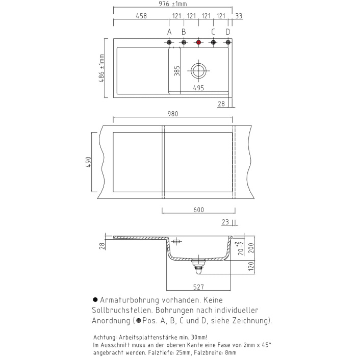 Systemceram Keradomo Mera 100 SL/ F Spüle rechts für flächenbündigen Einbau mit Excenterbetätigung, inkl. Armaturbohrung