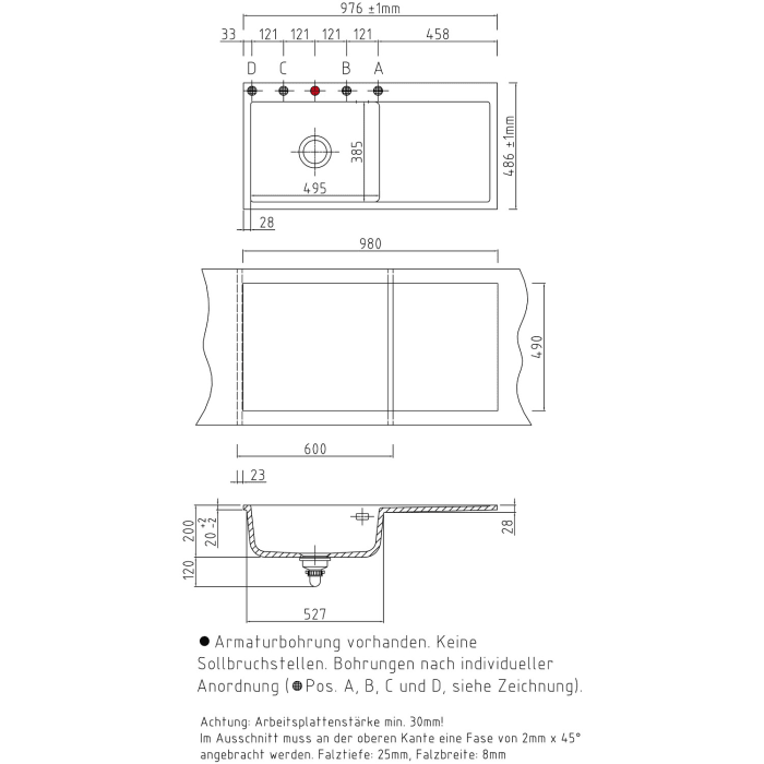 Systemceram Keradomo Mera 100 SL/ F Spüle links für flächenbündigen Einbau mit Handbetätigung, inkl. Armaturbohrung
