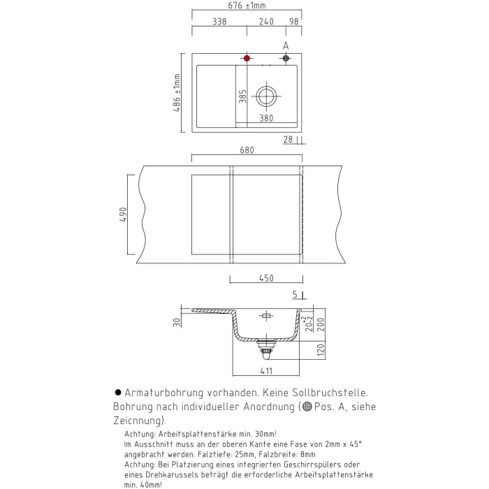 Systemceram Keradomo Mera 70 F Spüle rechts für flächenbündigen Einbau mit Handbetätigung, inkl. Armaturbohrung