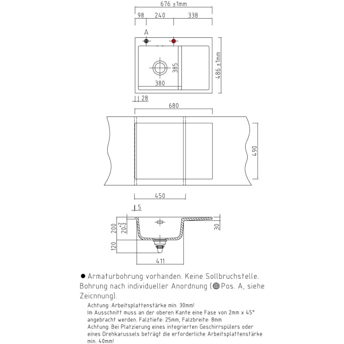 Systemceram Keradomo Mera 70 F Spüle links für flächenbündigen Einbau mit Handbetätigung, inkl. Armaturbohrung
