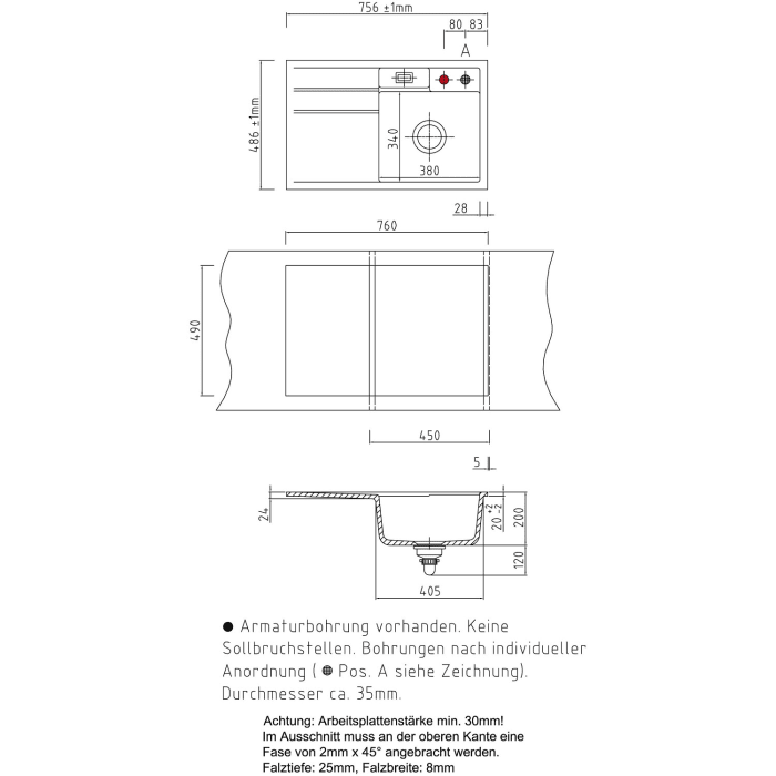 Systemceram Keradomo Bela 78 F Spüle rechts für flächenbündigen Einbau mit Handbetätigung, inkl. Armaturbohrung