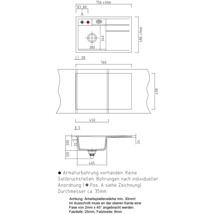 Systemceram Keradomo Bela 78 F Spüle links für flächenbündigen Einbau mit Excenterbetätigung, inkl. Armaturbohrung