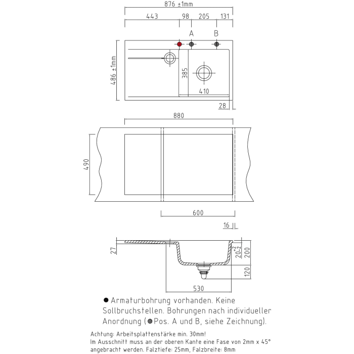 Systemceram Keradomo Stema 90 F Spüle rechts für flächenbündigen Einbau mit Excenterbetätigung, inkl. Armaturbohrung